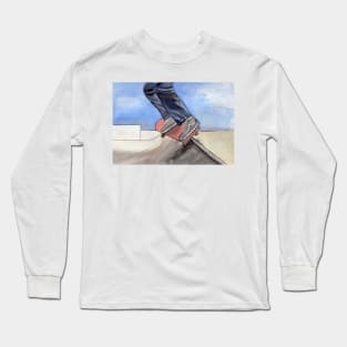 Skateboarding Watercolor and Ink Illustration Long Sleeve T-Shirt